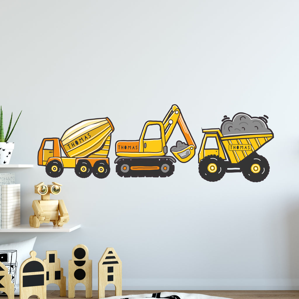 Personalised Set Of Three Diggers Wall Sticker Decor