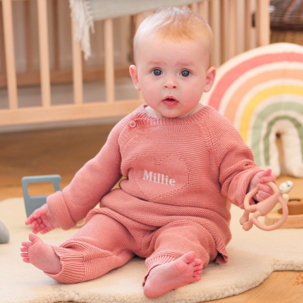 Personalised Pink Knitted New Born Baby Twin Set