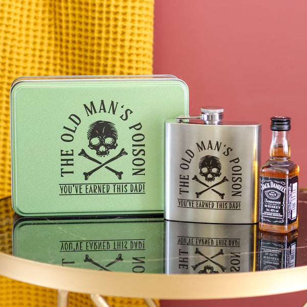 Personalised Hip Flask Whiskey Skull Cross Bones Set