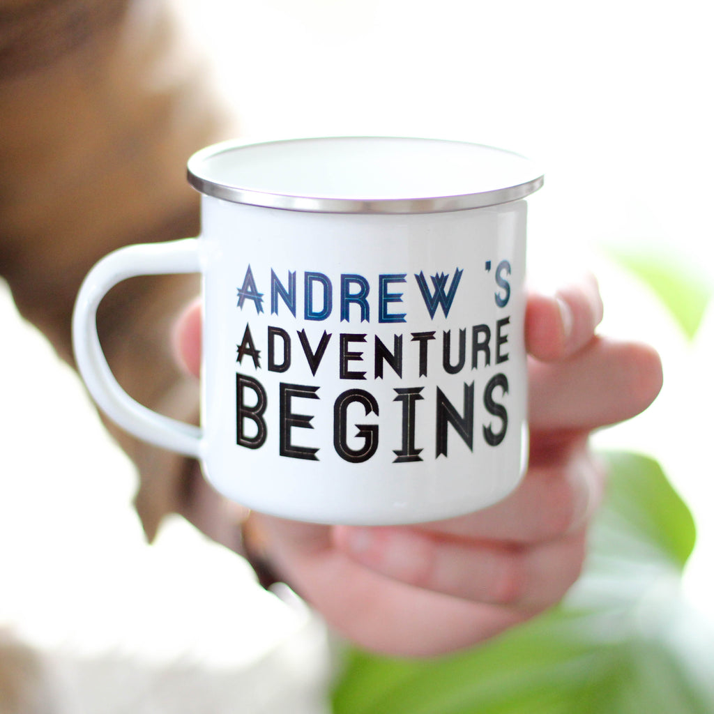 Personalised Adventure Begins Enamel Mug