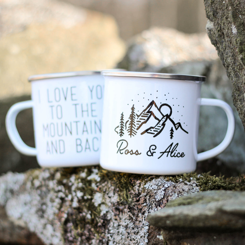 Personalised Love You To The Mountains And Back Enamel Mug