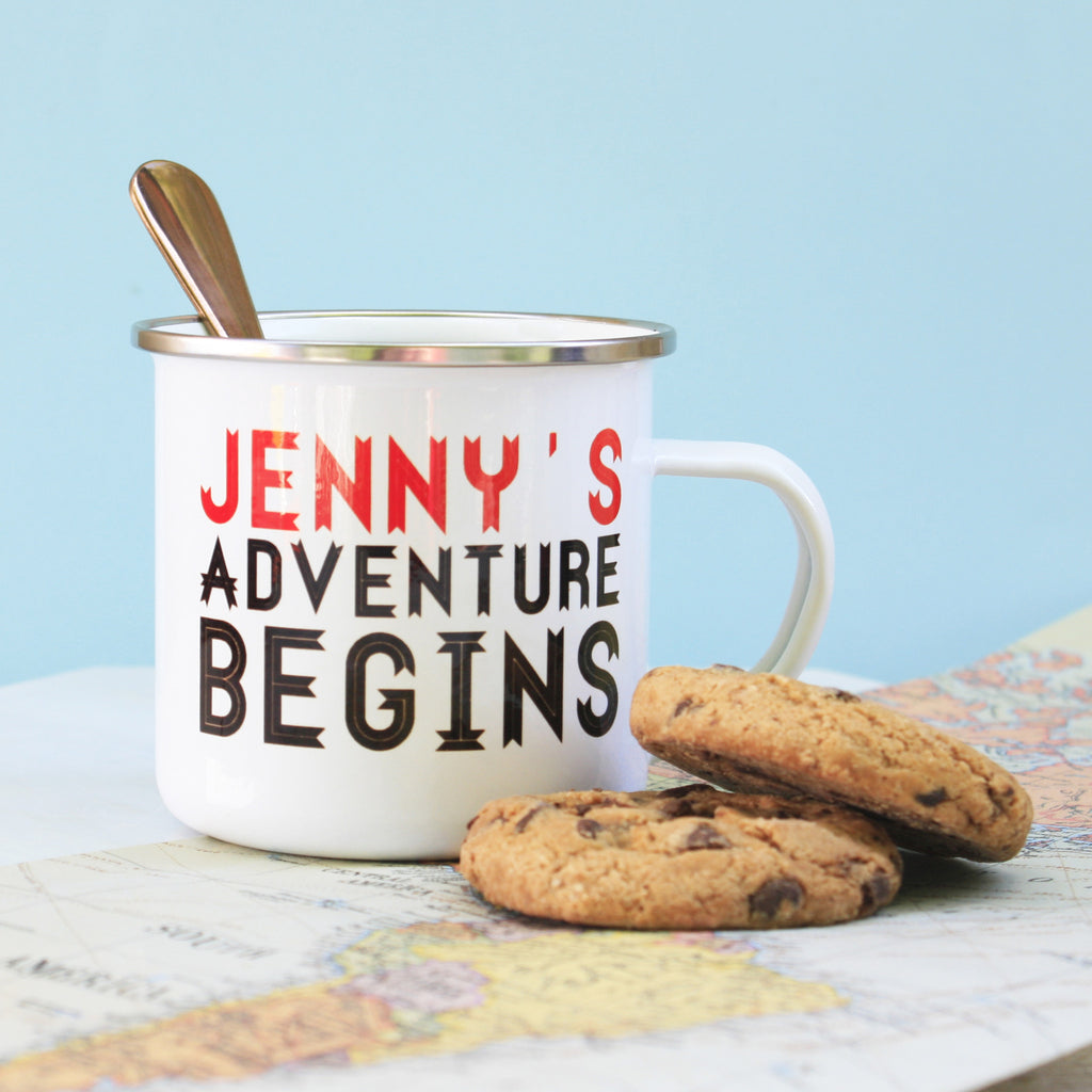 Personalised Adventure Begins Enamel Mug