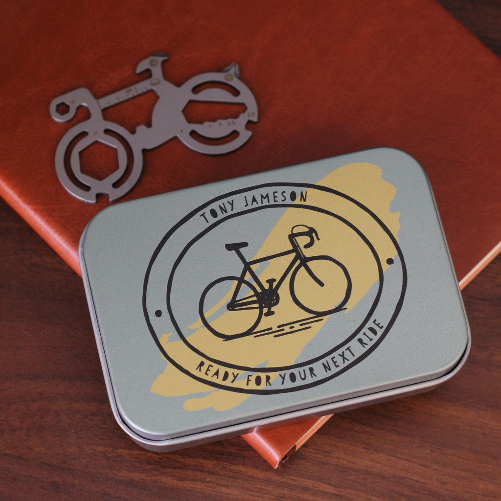 Personalised Hand Drawn Cycling Bike Tool Tin Gift