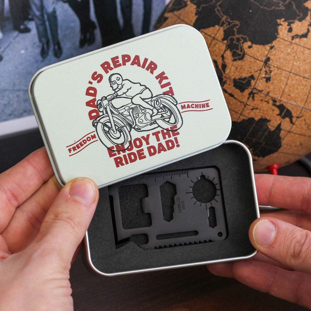 Personalised Motorbike Travel Credit Card Tool Tin Gift For Dad
