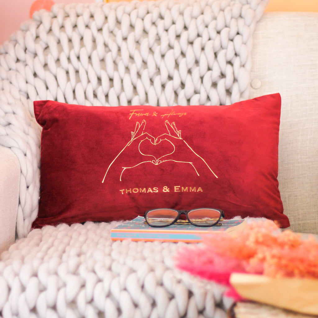 Personalised Heart Hands Couples Names Velvet Cushion