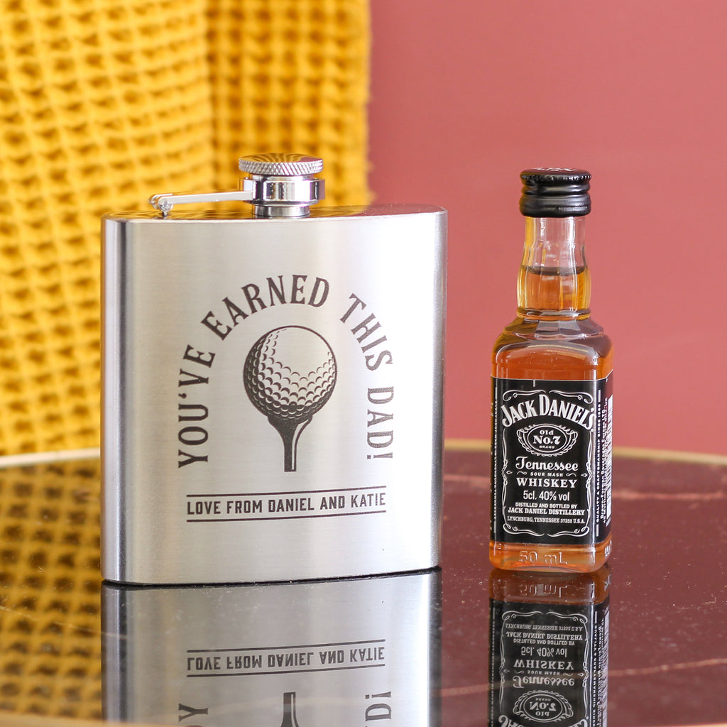 Personalised Hip Flask Whiskey Golfer Tin Set