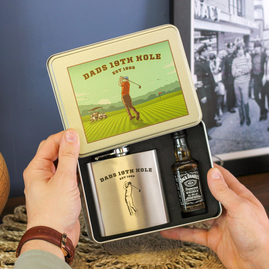 Personalised Hip Flask And Whiskey Set Golf Green