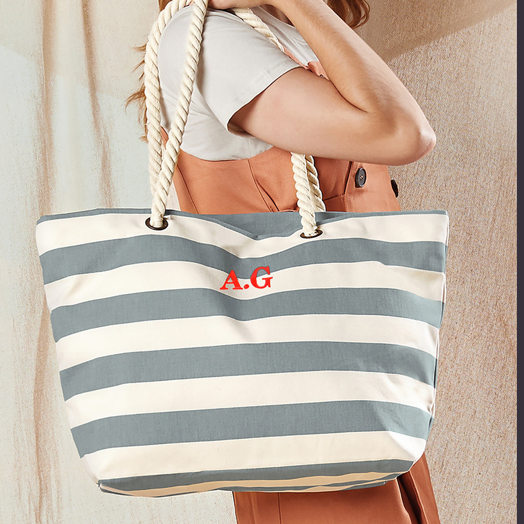 Personalised Embodied Stripy Beach Bag With Initials