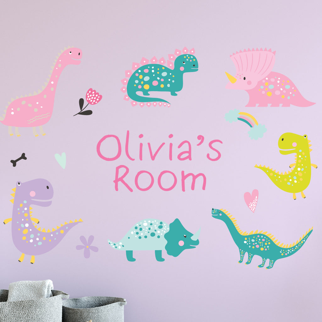 Personalised Pink Dinosaur Kids Bedroom Wall Sticker