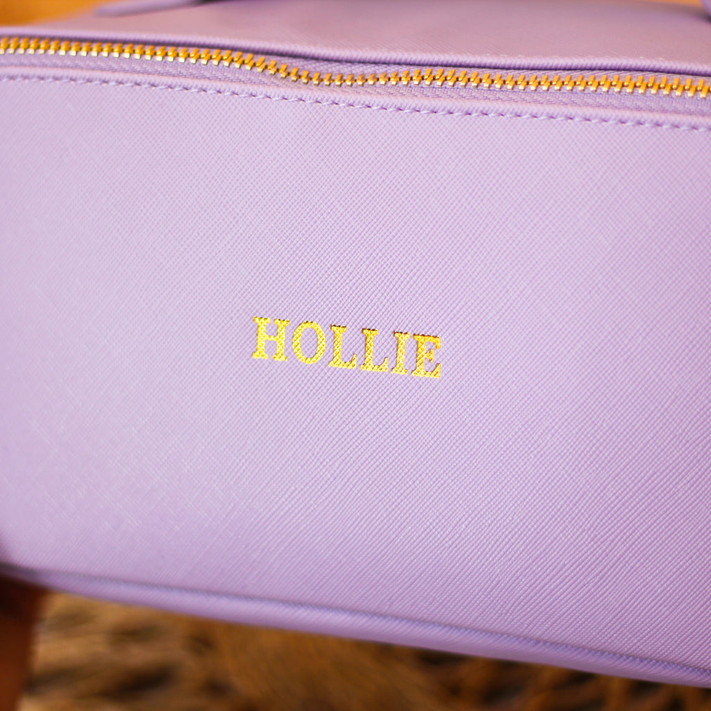 Personalised Lilac Open Flat Make Up Accessory Case Bag