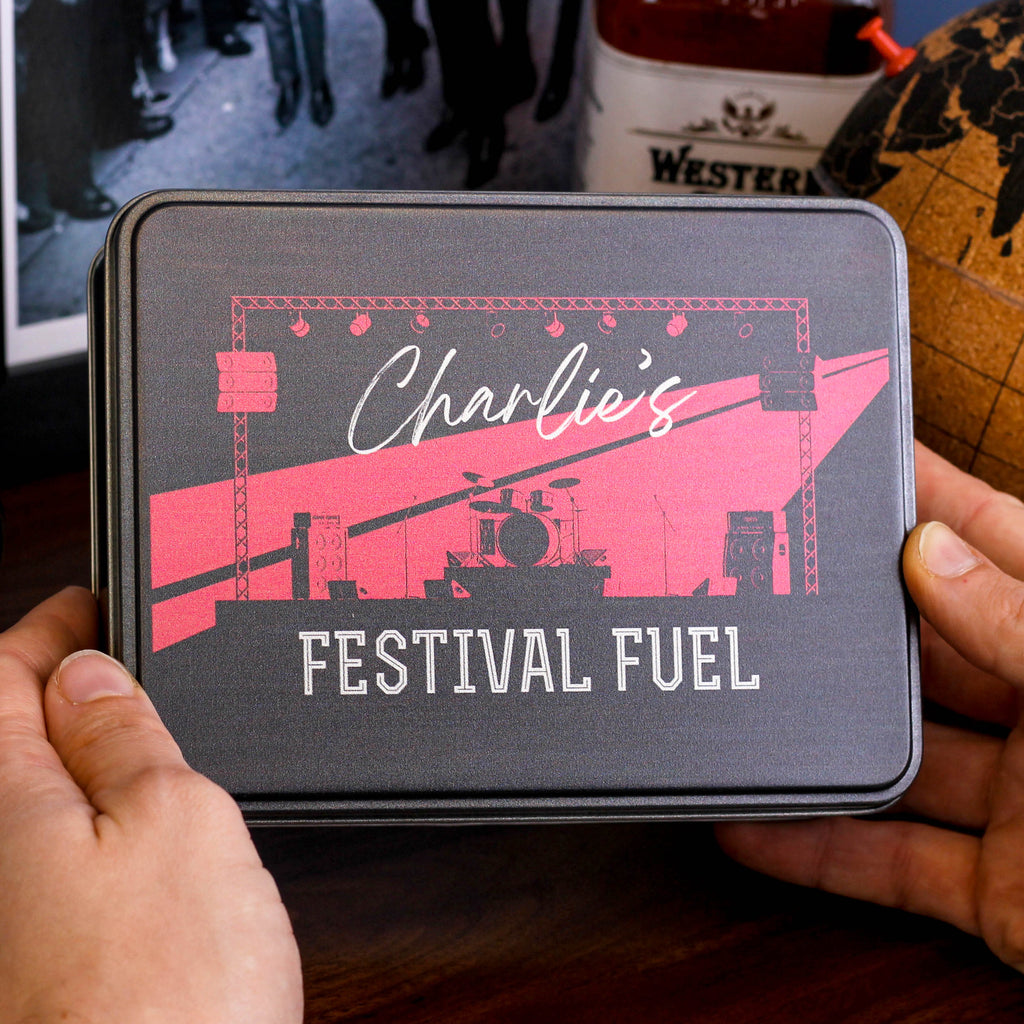 Personalised Festival Fuel Hip Flask Whiskey Tin Gift