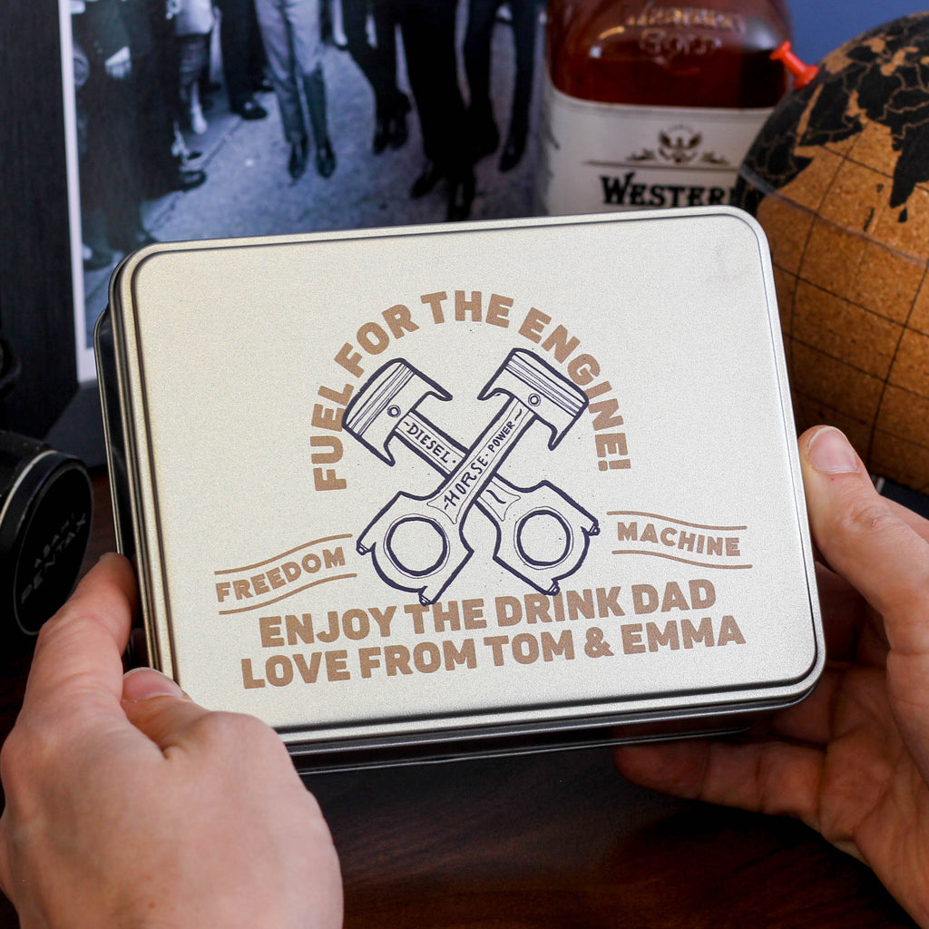 Personalised Piston Whiskey Tin Gift For Dad Motorbike