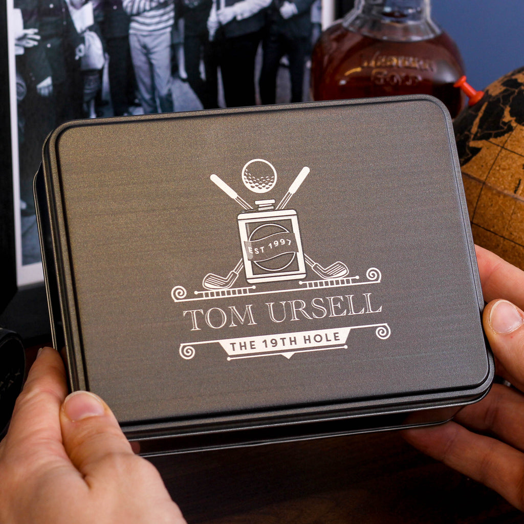 Personalised The 19th Hole Golf Drinks Tin With Whiskey