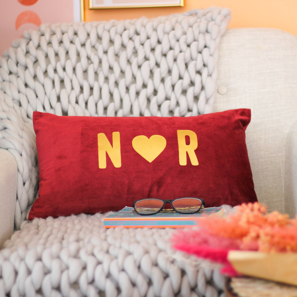 Personalised Initials Heart Velvet Cushion Couples Gift