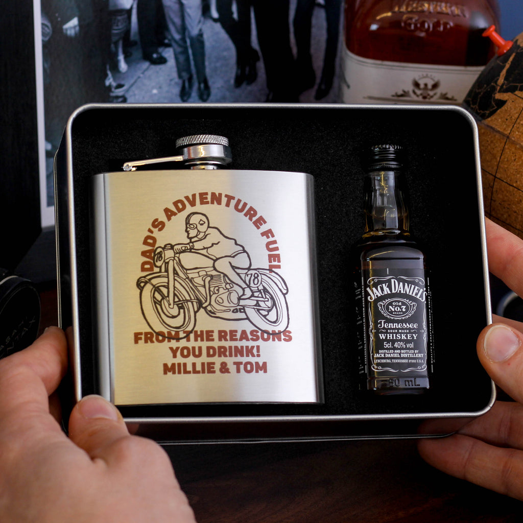 Personalised Motorbike Whiskey And Hip Flask Gift Set