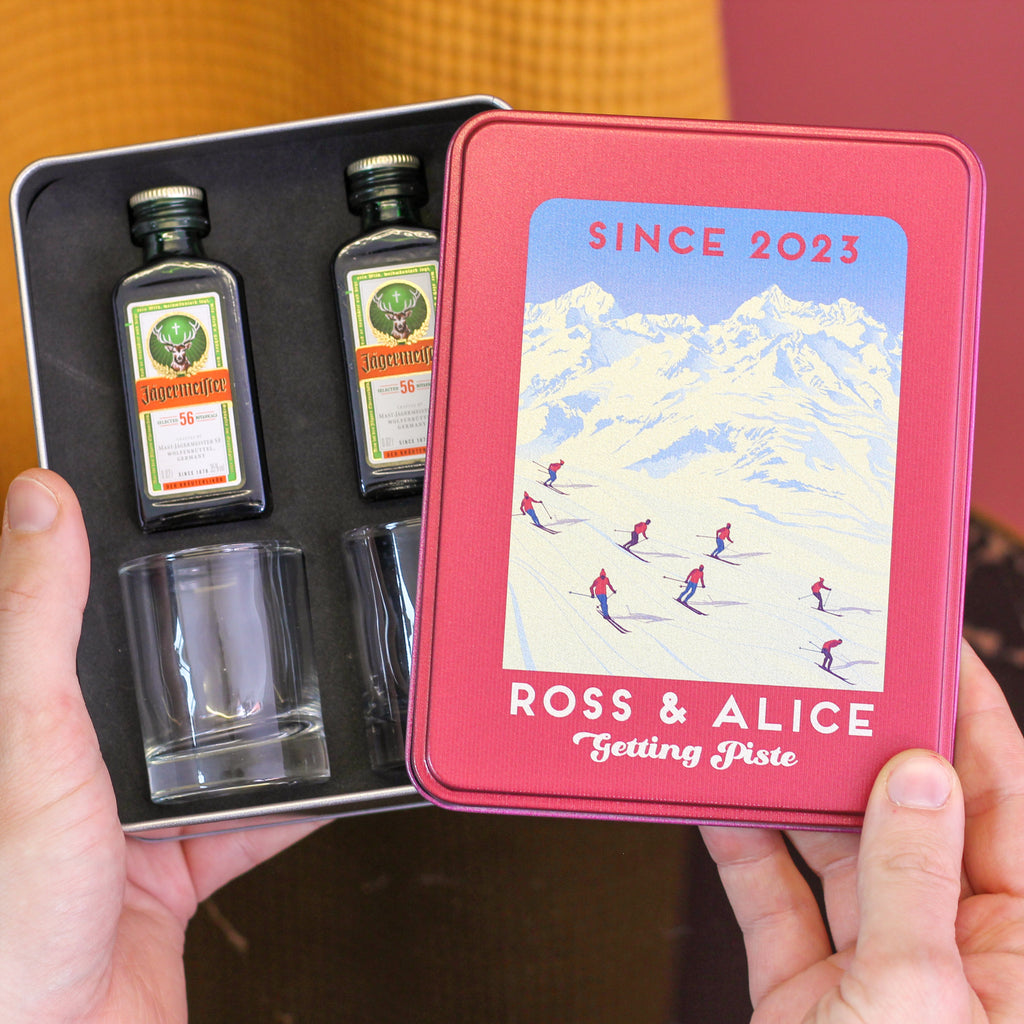 Personalised Ski Drinks Tin With Shot Glasses Gift Set