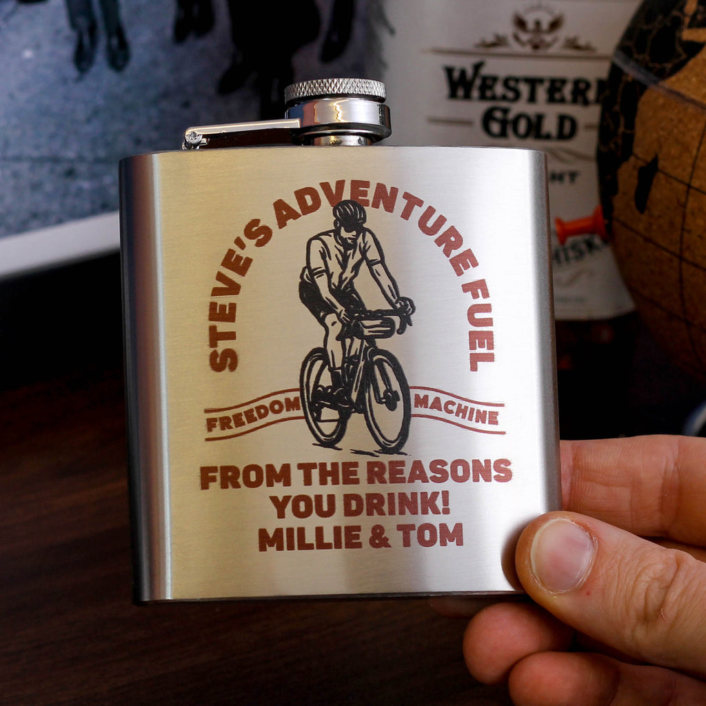 Personalised Bike Whiskey And Hip Flask Gift For Dad