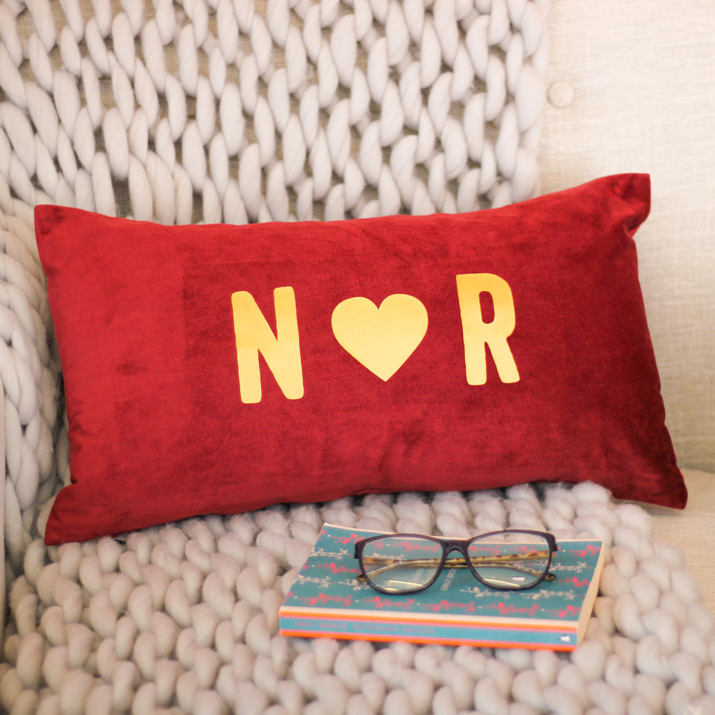 Personalised Initials Heart Velvet Cushion Couples Gift