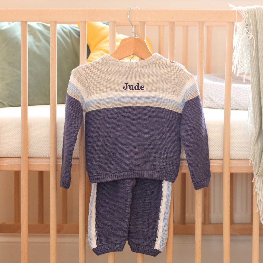 Personalised Blue Knitted Two Piece Baby Clothes