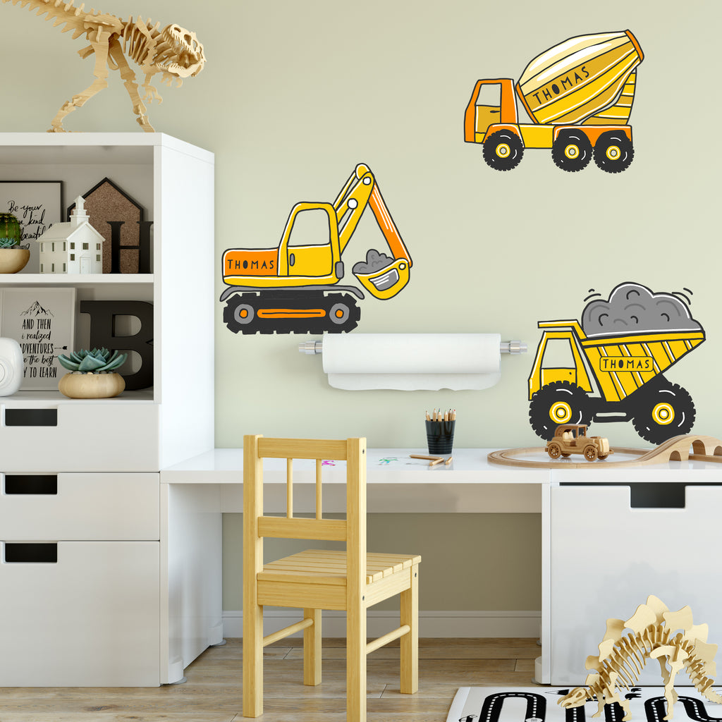 Personalised Set Of Three Diggers Wall Sticker Decor