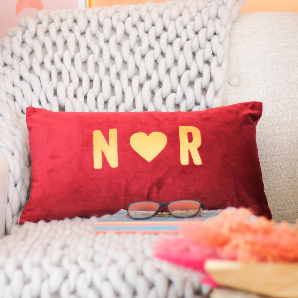 Personalised Initials Heart Velvet Cushion Couples Gift