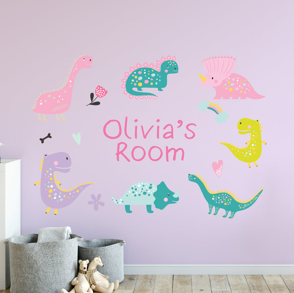 Personalised Pink Dinosaur Kids Bedroom Wall Sticker