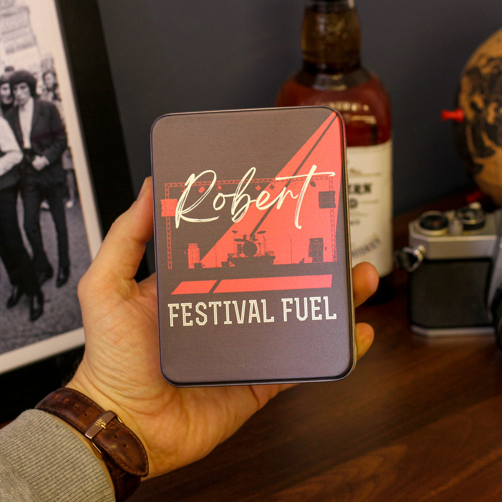 Personalised Festival Hip Flask Tin Gift Set