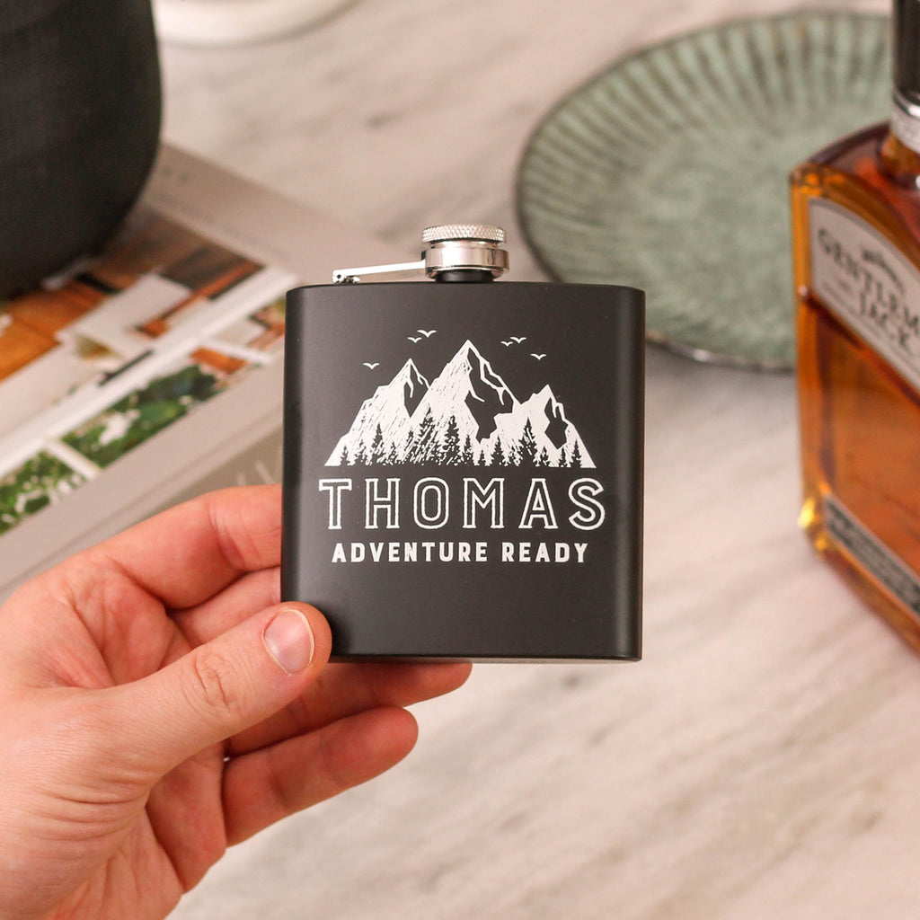 Personalised Mountains Adventure Hip Flask Travel Gift
