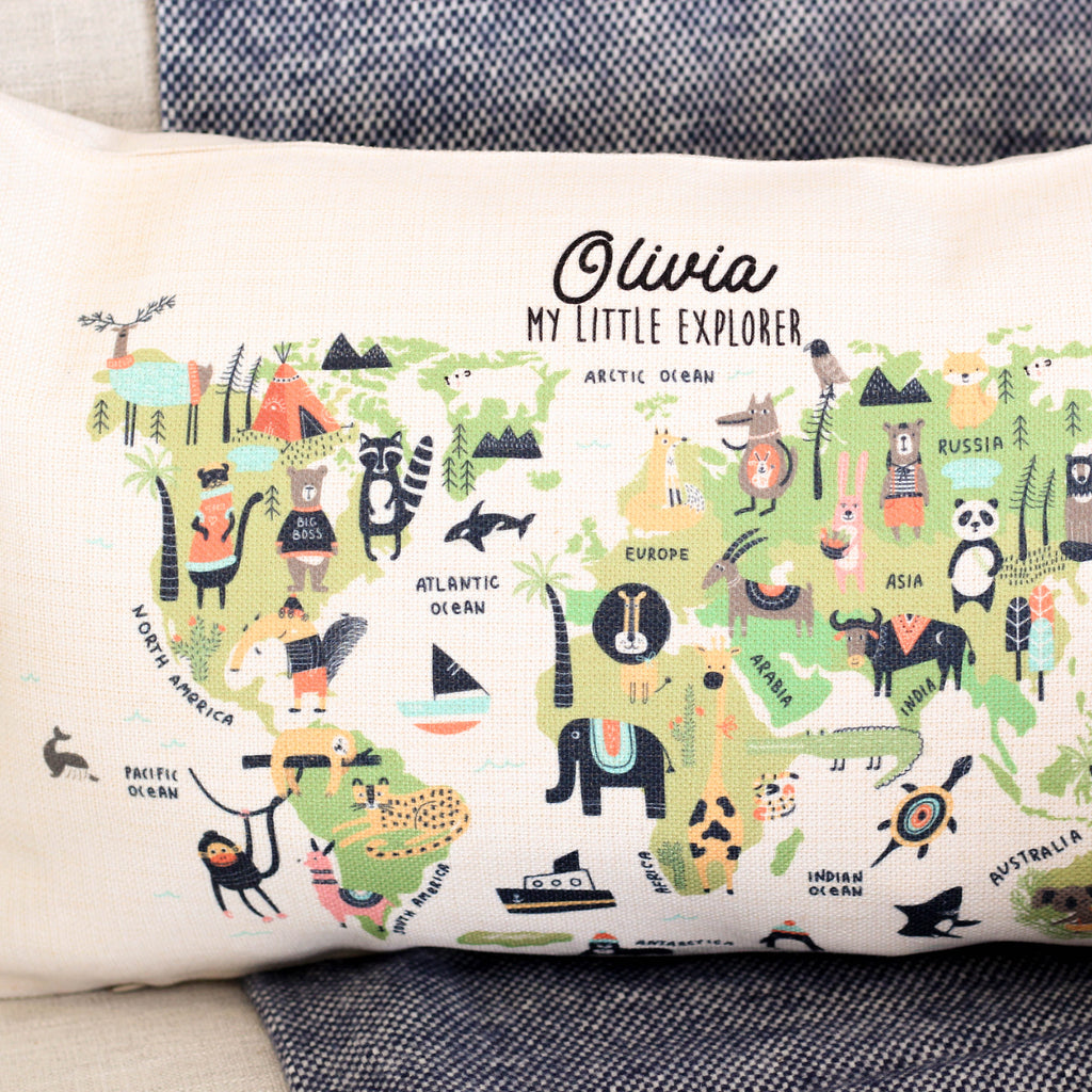 Personalised Little Explorer Kids Room Map Cushion