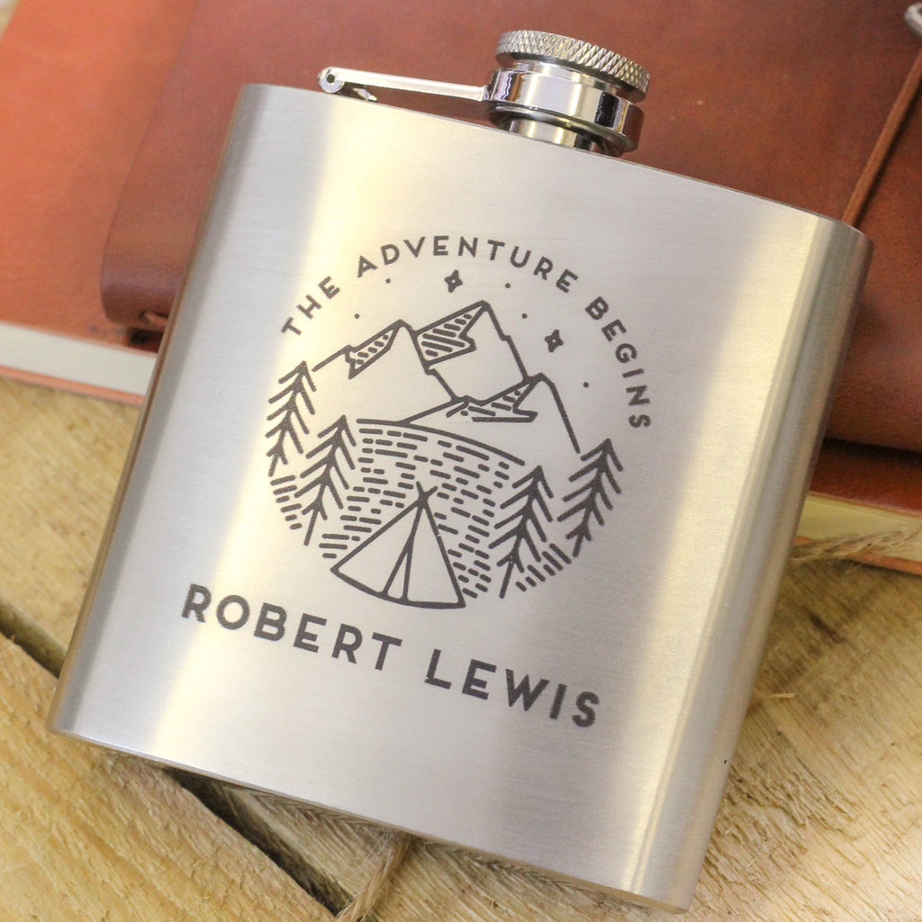 Personalised Mountain Adventure Camping Hip Flask Gift