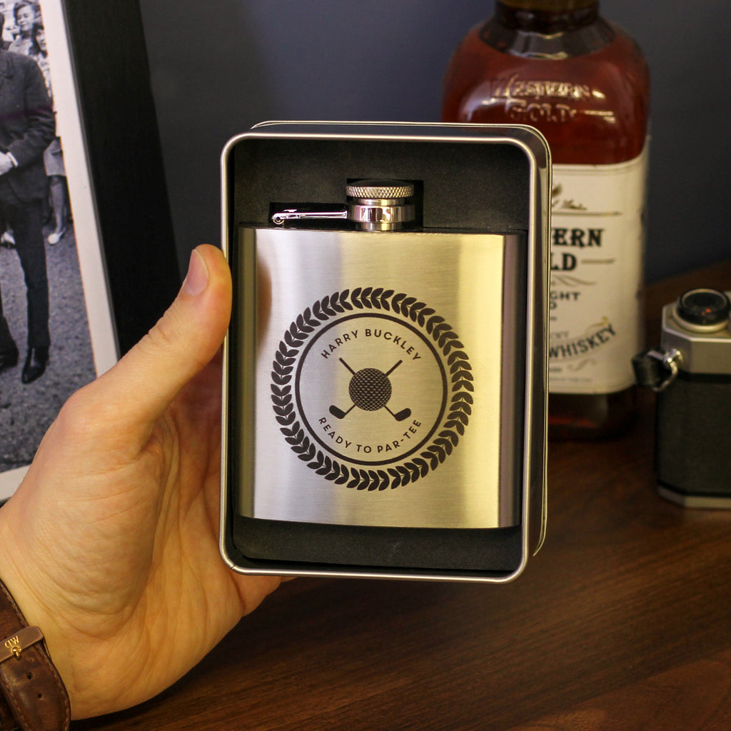 Personalised Golf Hip Flask Tin With Matching Tin