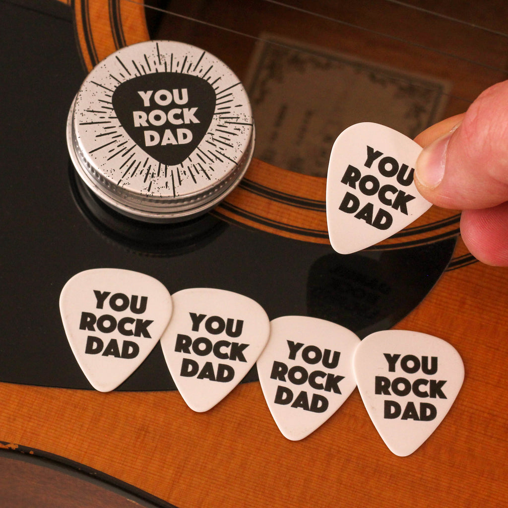 Personalised Rock On Guitar Picks And Tin Gift For Dad