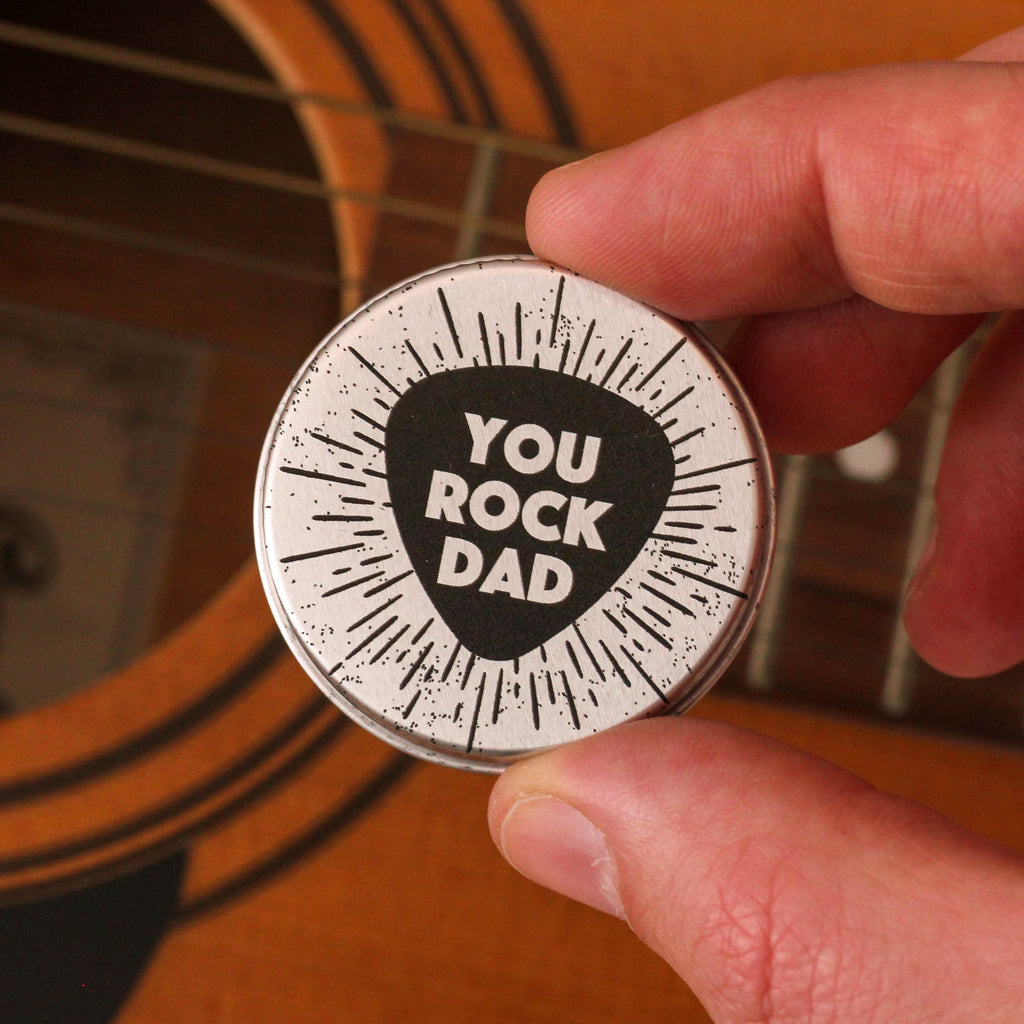 Personalised Rock On Guitar Picks And Tin Gift For Dad