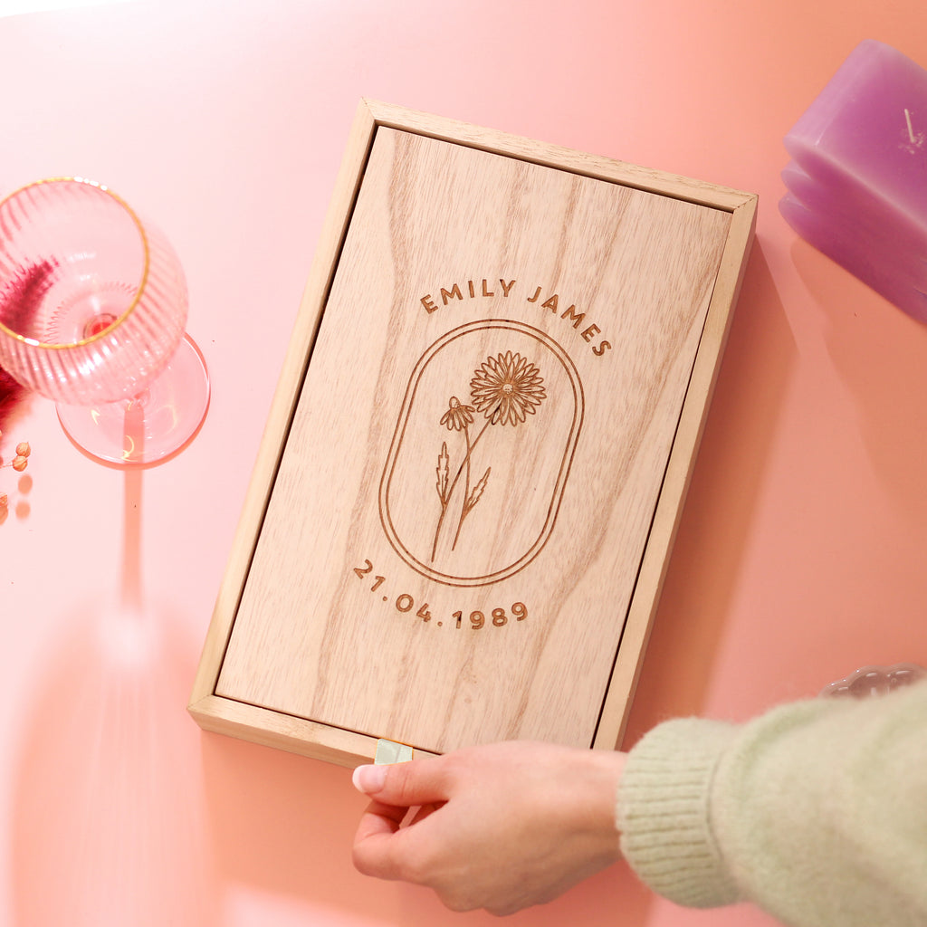 Personalised Birth Flower Wooden Mirror Jewellery Box