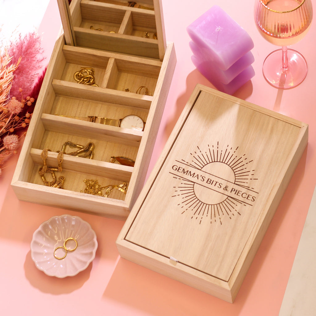 Personalised Sun Wooden Jewellery Case With Mirror