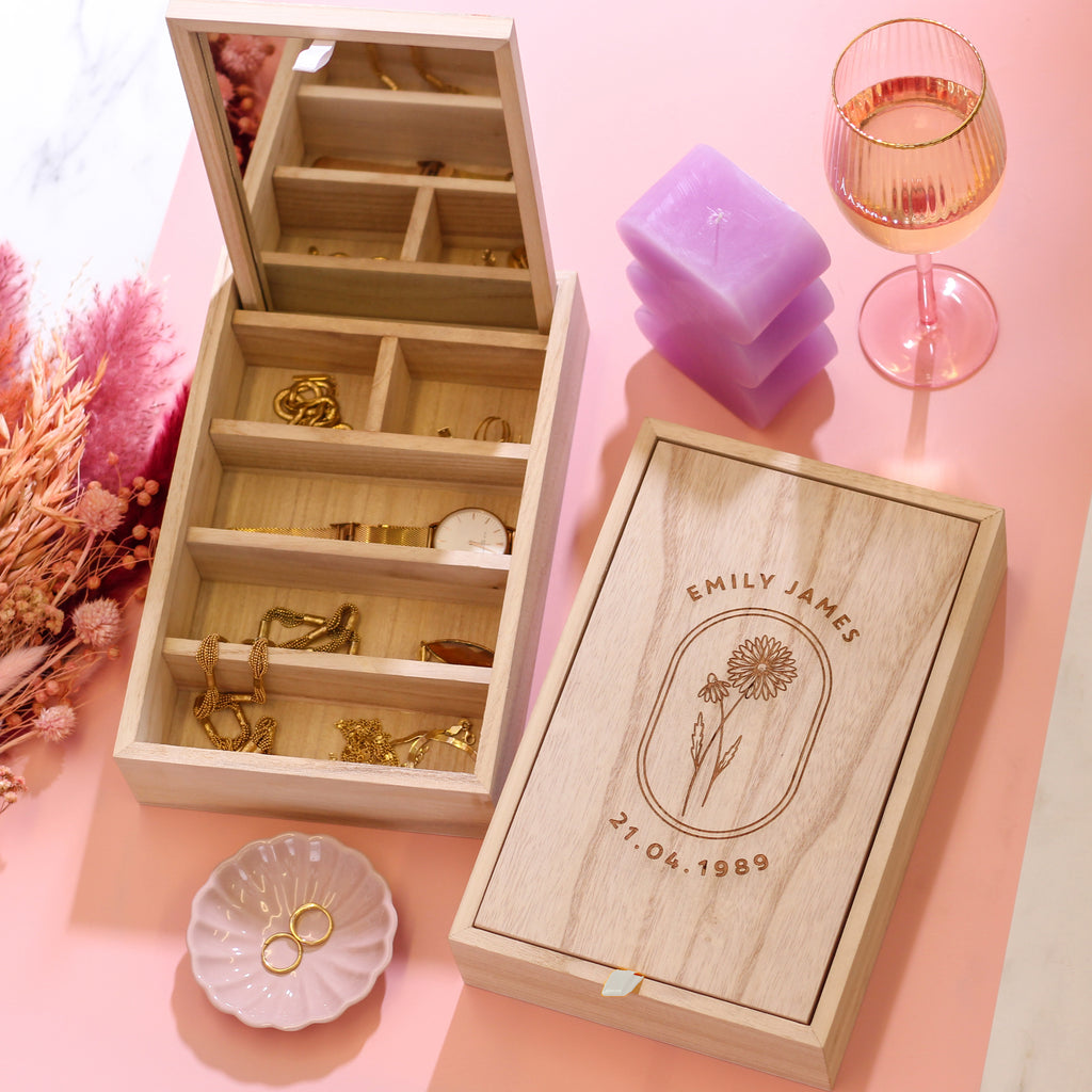 Personalised Birth Flower Wooden Mirror Jewellery Box