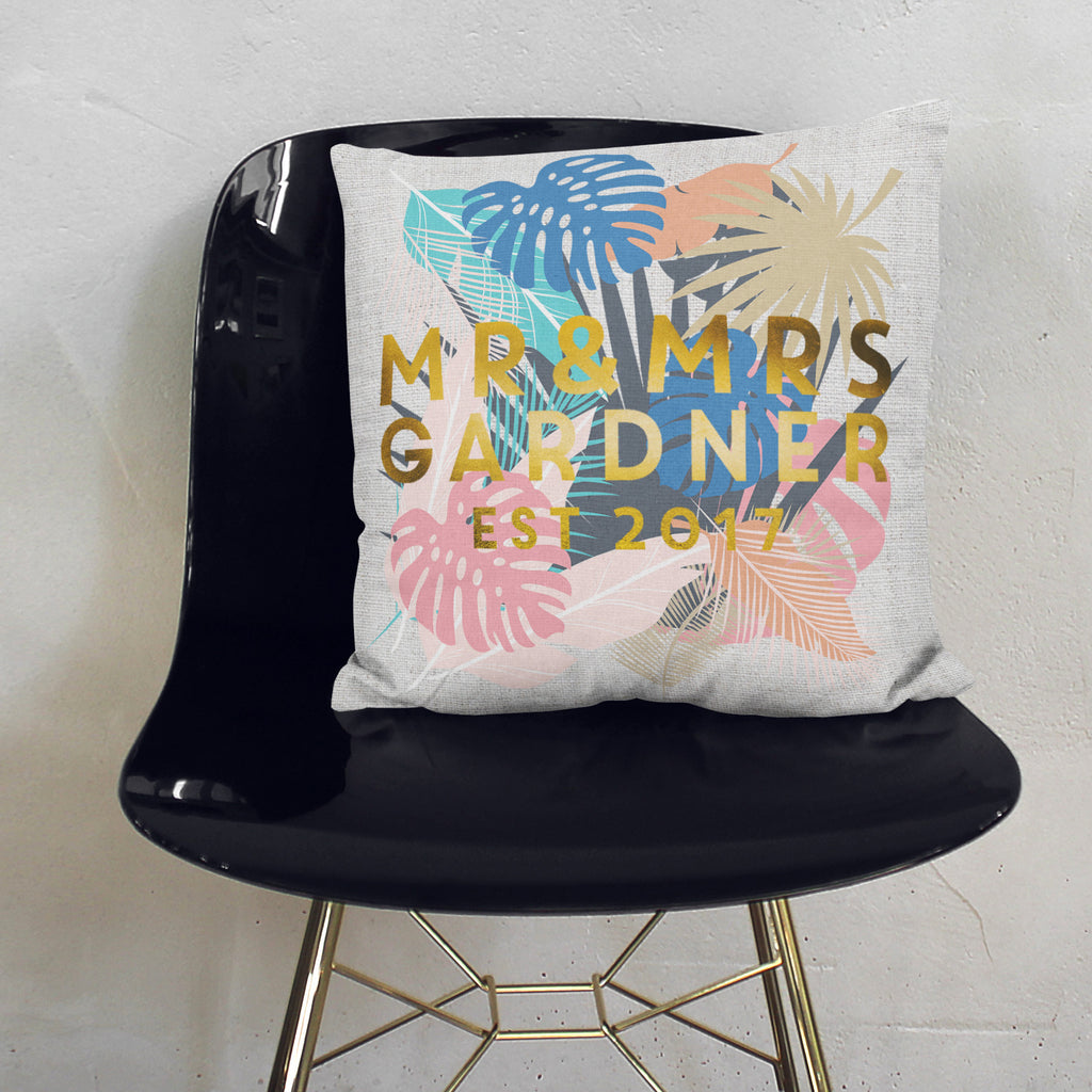 Personalised Mr And Mrs Gold Floral Cushion