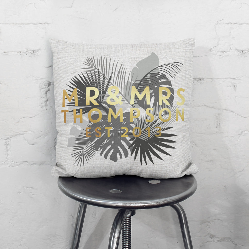 Personalised Mr And Mrs Gold Floral Grey Cushion