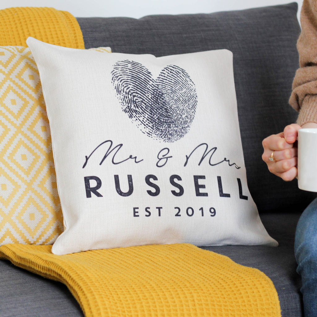 Personalised Mr And Mrs Finger Print Heart Cushion