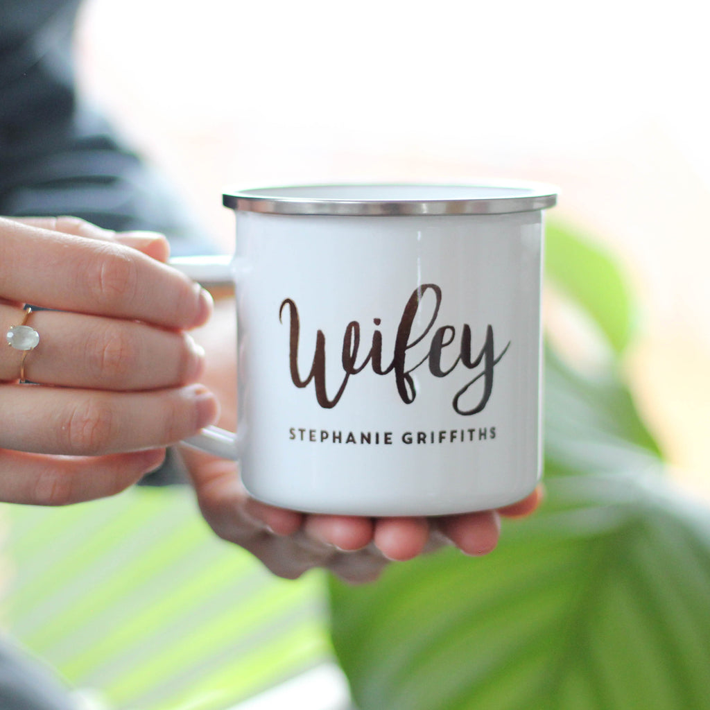 Personalised Hubby And Wifey Enamel Mug