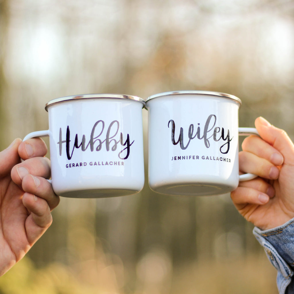 Personalised Hubby And Wifey Enamel Mug