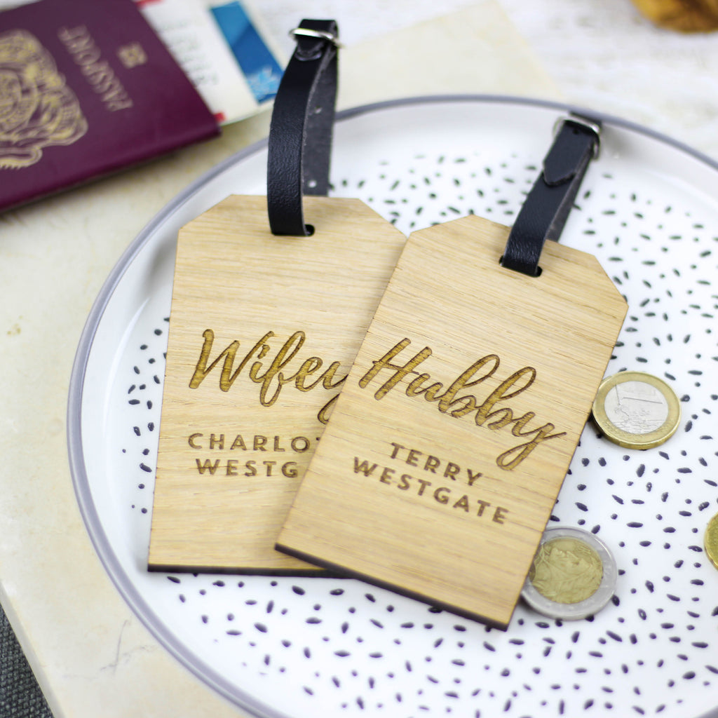 Personalised Hubby And Wifey Wooden Luggage Tag