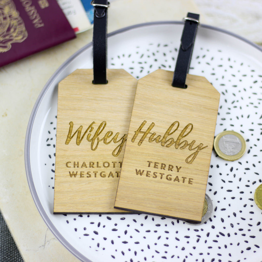 Personalised Hubby And Wifey Wooden Luggage Tag