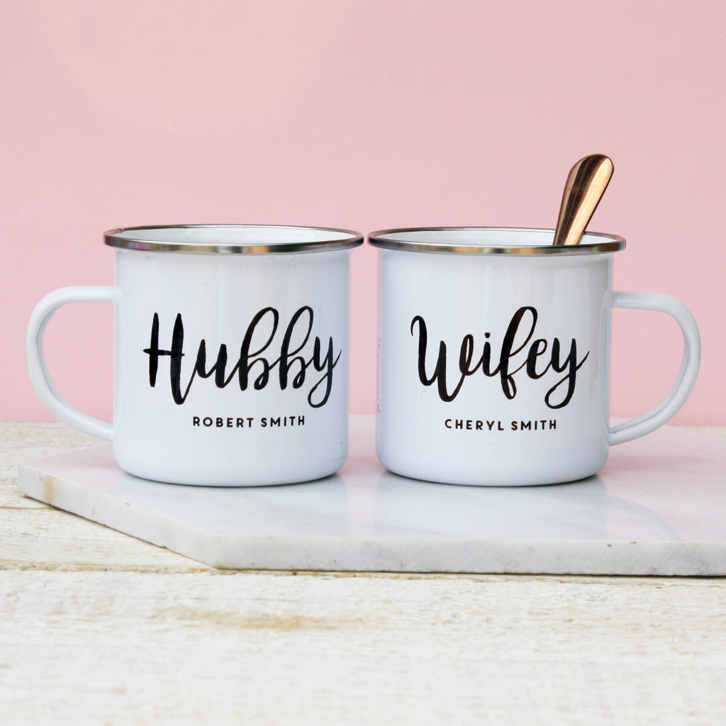 Personalised Hubby And Wifey Enamel Mug