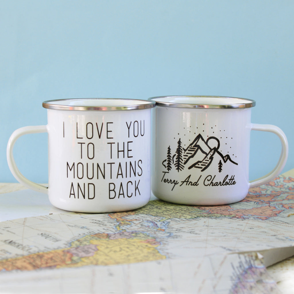 Personalised Love You To The Mountains And Back Enamel Mug