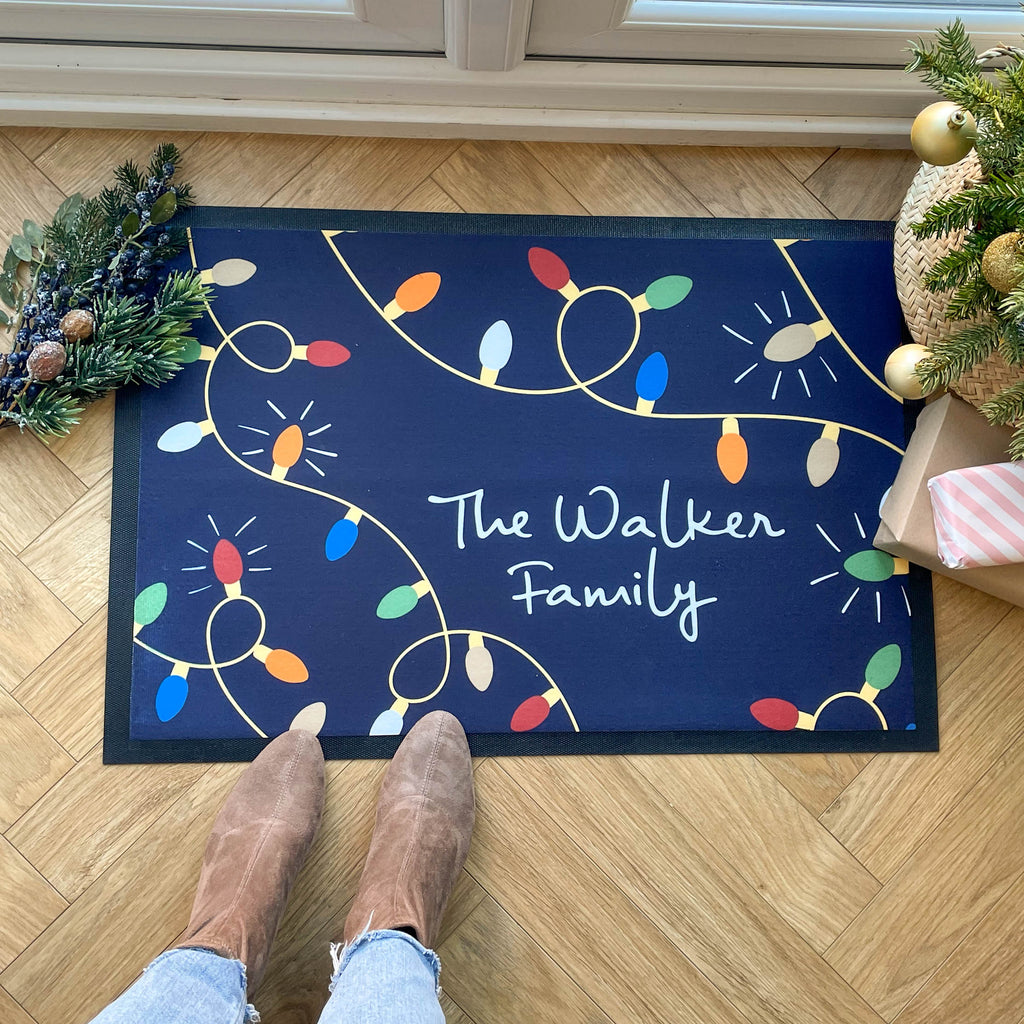 Personalised Navy Christmas Lights Family Doormat
