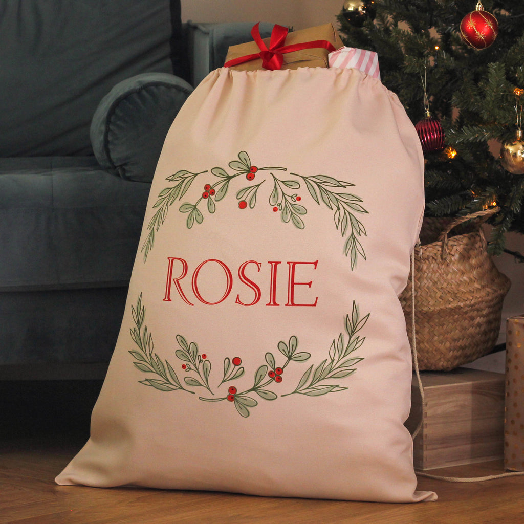 Personalised Christmas Wreath Santa Sack Stocking Gift