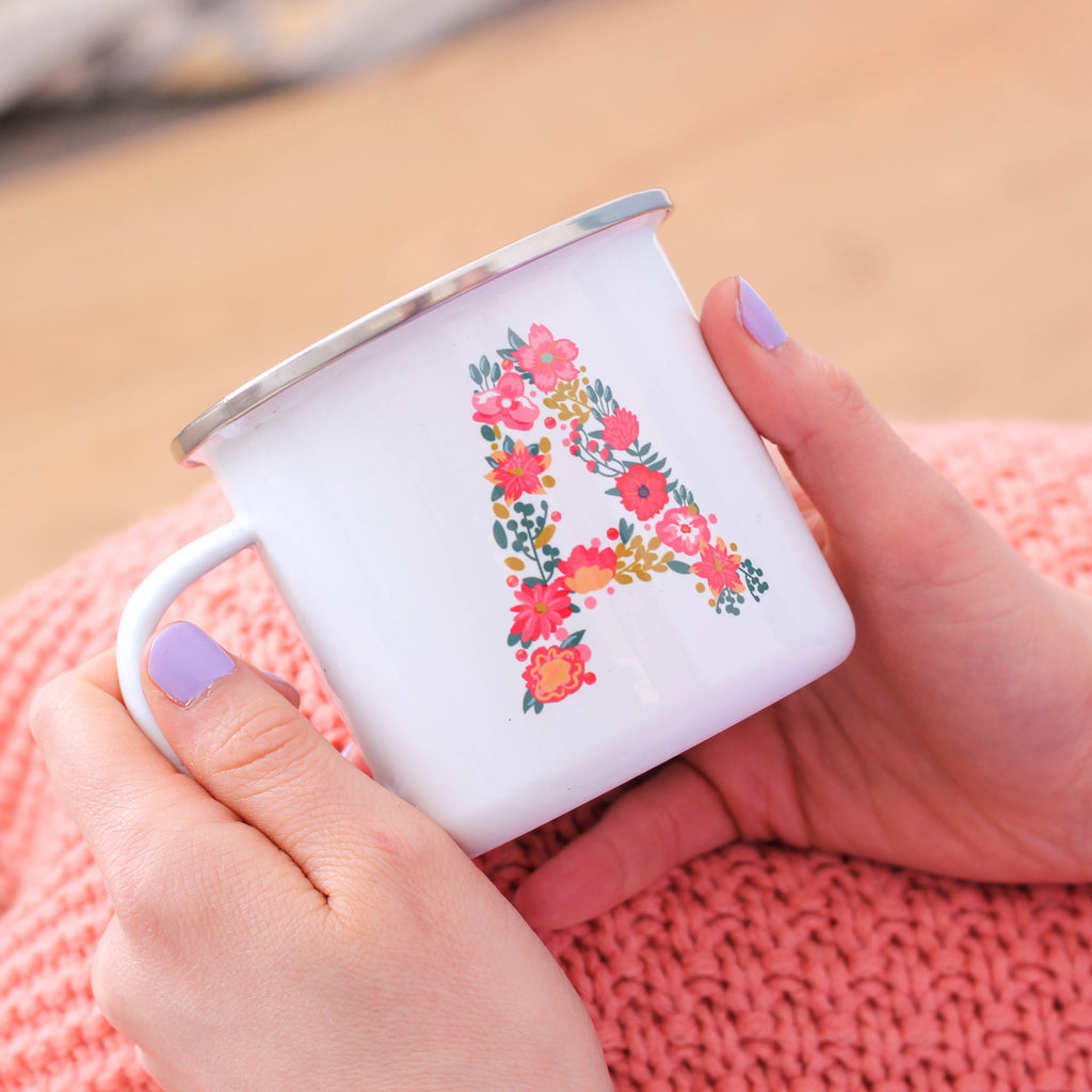 Personalised Floral Initial Enamel Mug For Her