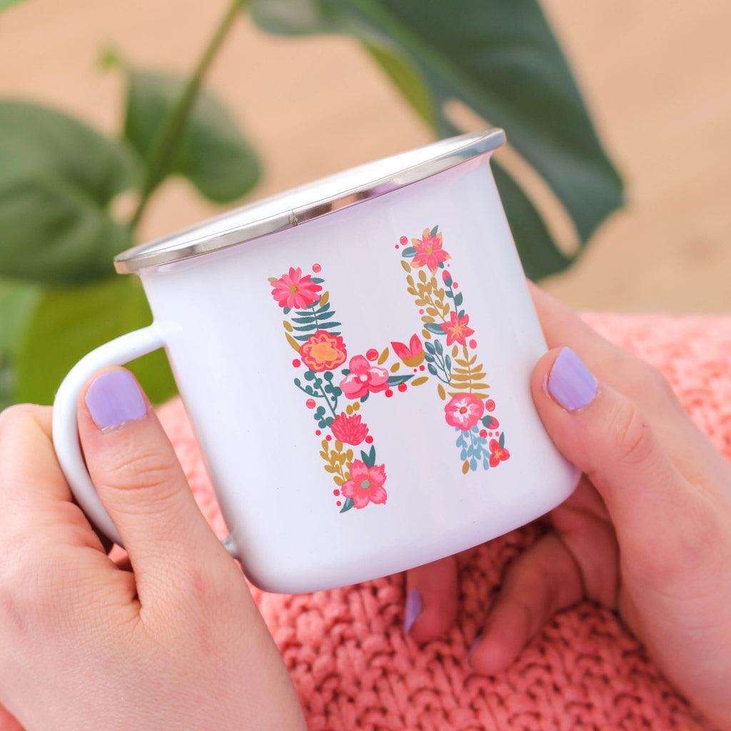 Personalised Floral Initial Enamel Mug For Her