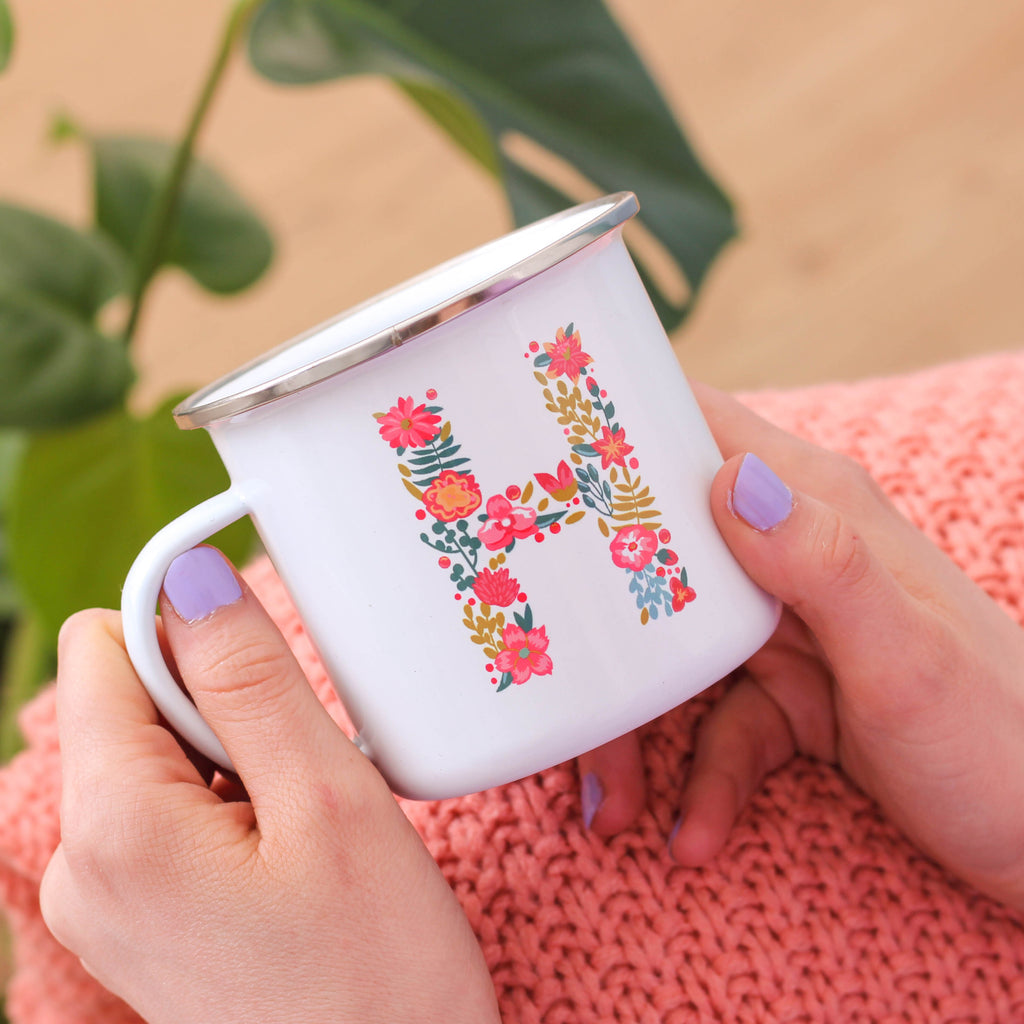 Personalised Floral Initial Enamel Mug For Her